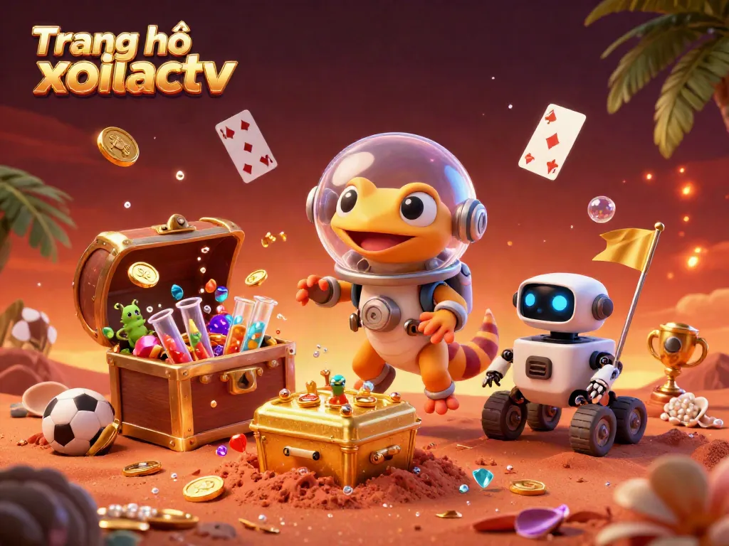 Engage with the exciting universe of Trang chủ xoilactv, featuring a Martian gecko and footballs in a dynamic casino scene.