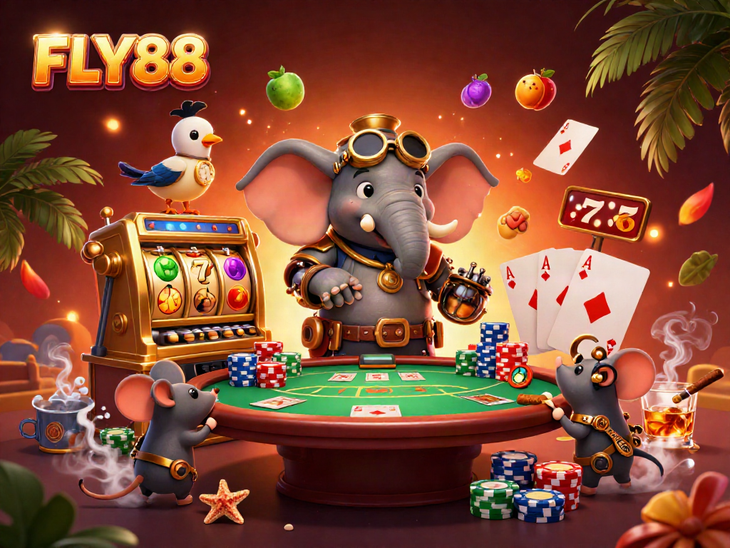 FLY88 showcases a vibrant 3D illustration with a steampunk elephant and dynamic slot machine action.