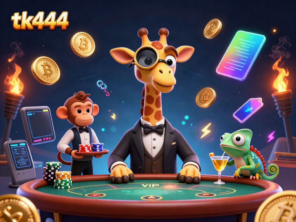 Win at TK444 with a dazzling VIP scene featuring a high-roller giraffe, monkey valet, and chameleon bartender.
