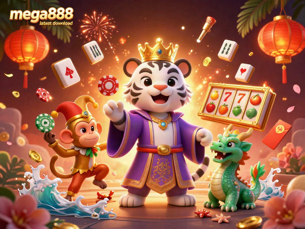 Mega888 latest download evokes excitement with a white tiger, monkey juggling chips, and jade dragon amidst vibrant casino symbols.