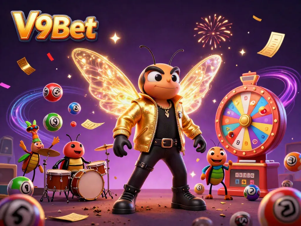 Experience the excitement of V9Bet with a lively casino-themed illustration featuring a dynamic rock star scene.