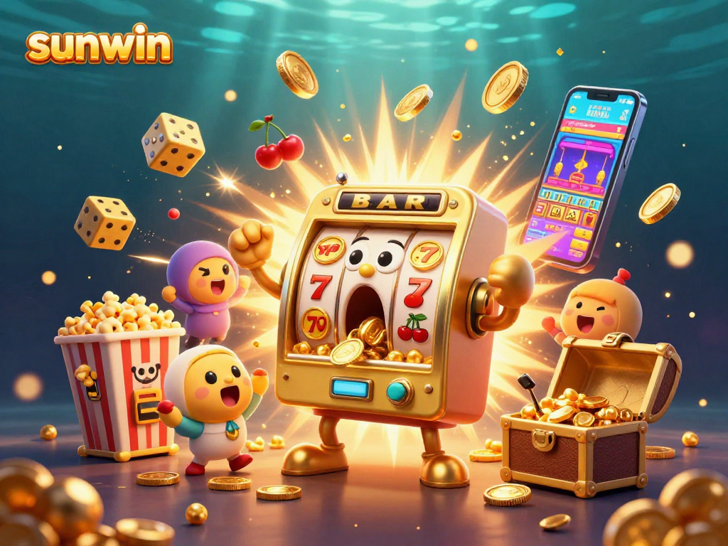 Experience the sunwin jackpot excitement with animated golden slot machines and dynamic casino imagery.