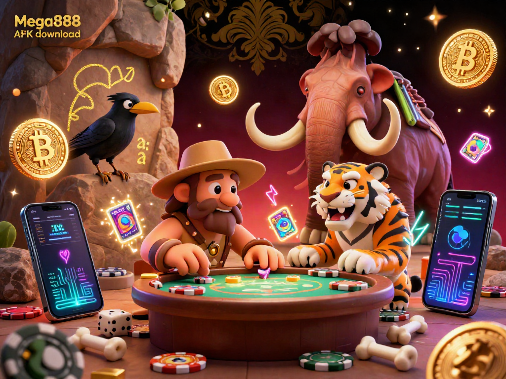 Engage in the thrilling Mega888 APK download experience with a vibrant 3D casino scene featuring dynamic characters and crypto elements.