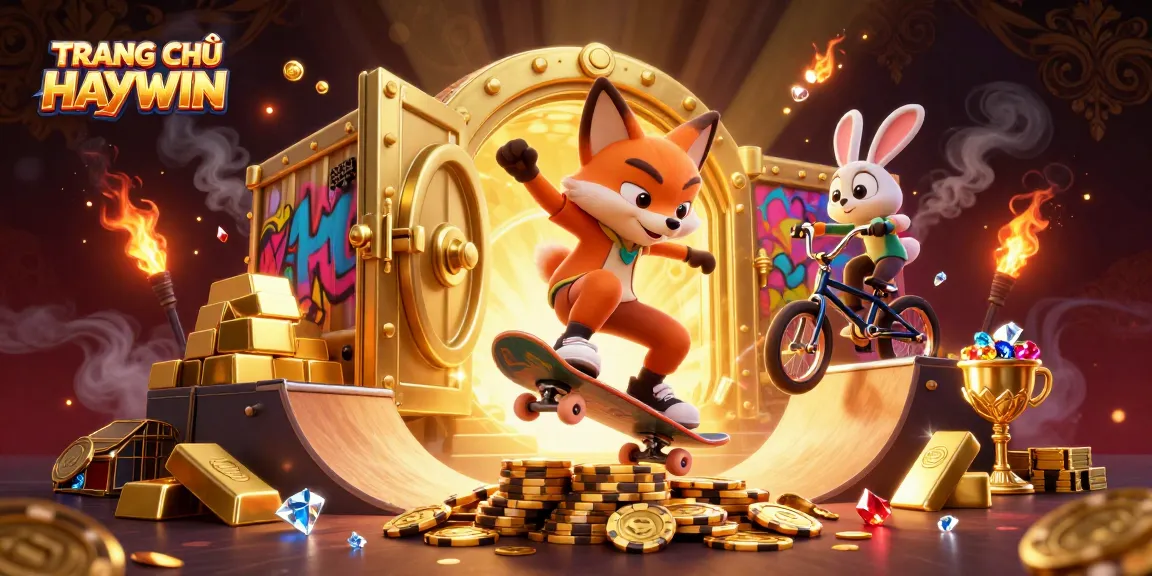 Action-packed scene with TRANG CHỦ HAYWIN, featuring a skateboarder fox and BMX-riding rabbit amidst gold treasures.