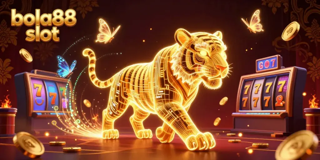 Experience immersive play with bola88 slot in a vibrant digital casino scene featuring a glowing cartoon tiger.