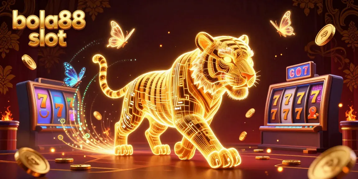 Experience immersive play with bola88 slot in a vibrant digital casino scene featuring a glowing cartoon tiger.