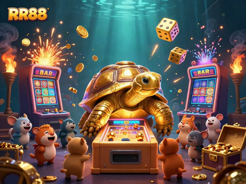 Experience the excitement of RR88 with a golden tortoise and vibrant casino elements in a 3D illustration.