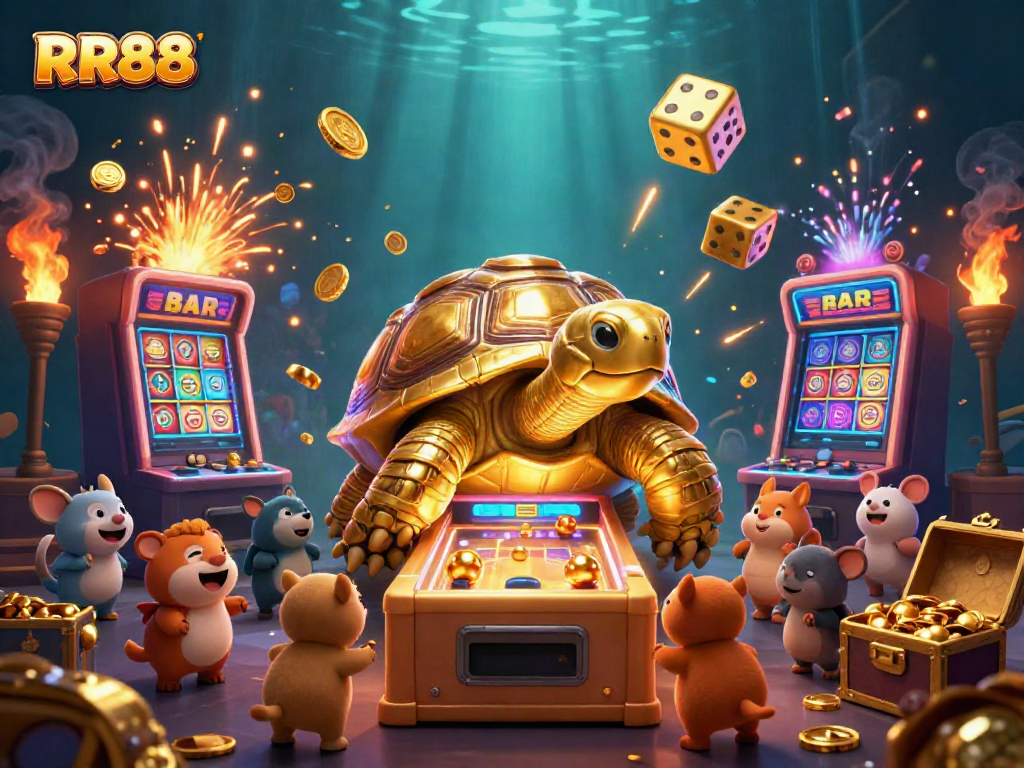 Experience the excitement of RR88 with a golden tortoise and vibrant casino elements in a 3D illustration.