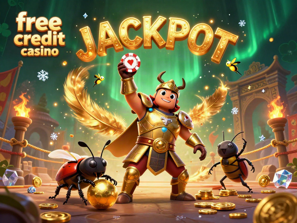Engage in the free credit casino with a vibrant 3D beetle hero celebrating a jackpot.