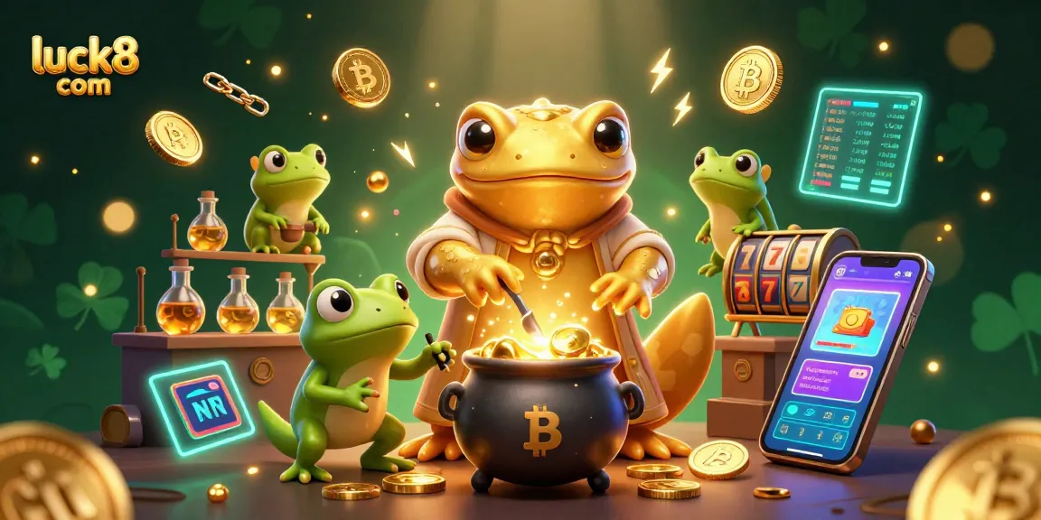Win big with luck8 com in this vibrant slot-themed illustration featuring alchemical characters.