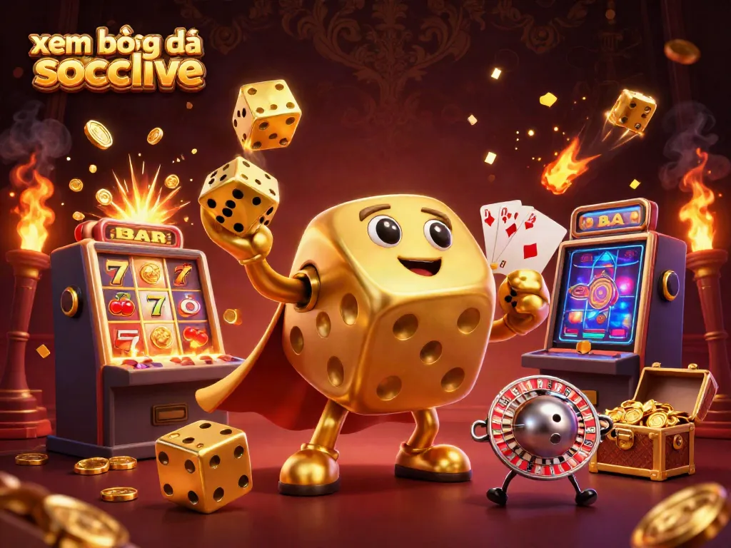 Experience xem bóng đá socolive with vibrant golden dice and dynamic casino elements in 3D.