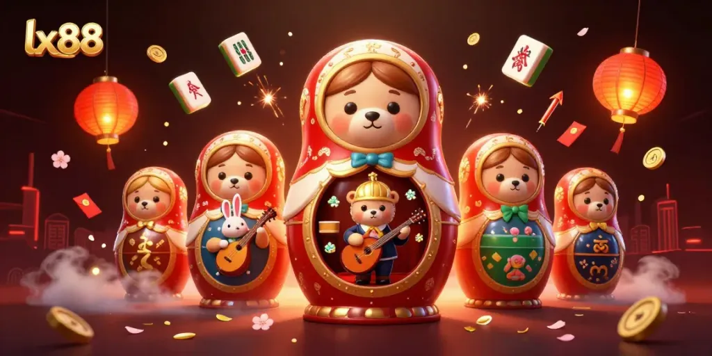 Experience thrilling gameplay with lx88 as the Matryoshka bear reveals casino dealer bears in a vibrant scene.
