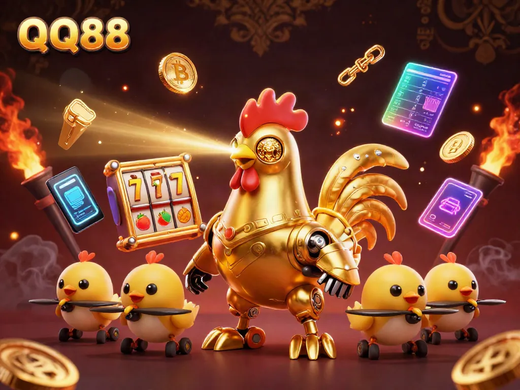 Engage with QQ88's thrilling casino experience featuring a dynamic scene with unique gaming elements.