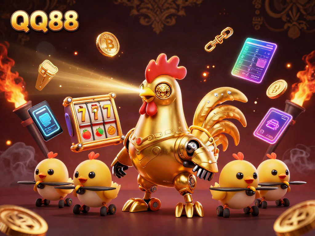Engage with QQ88's thrilling casino experience featuring a dynamic scene with unique gaming elements.
