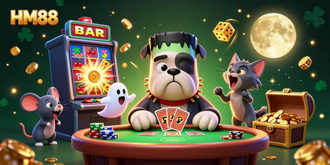 Experience thrilling moments with HM88 at a vibrant casino scene featuring a unique 3D character ensemble.