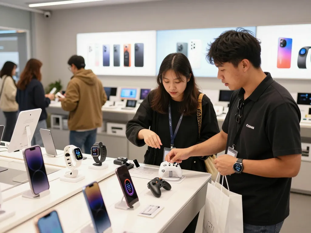 Shopper exploring must have tech gadgets in a vibrant electronics store.