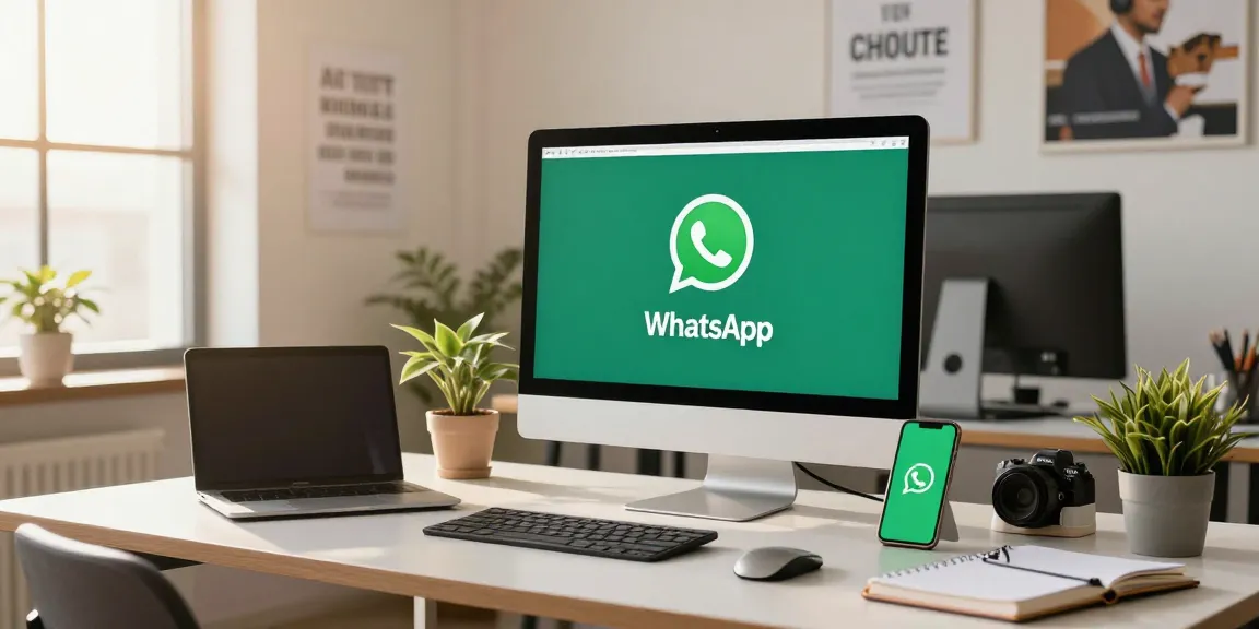 Young professional using WhatsApp網頁版 in a modern workspace with plants and sunlight.