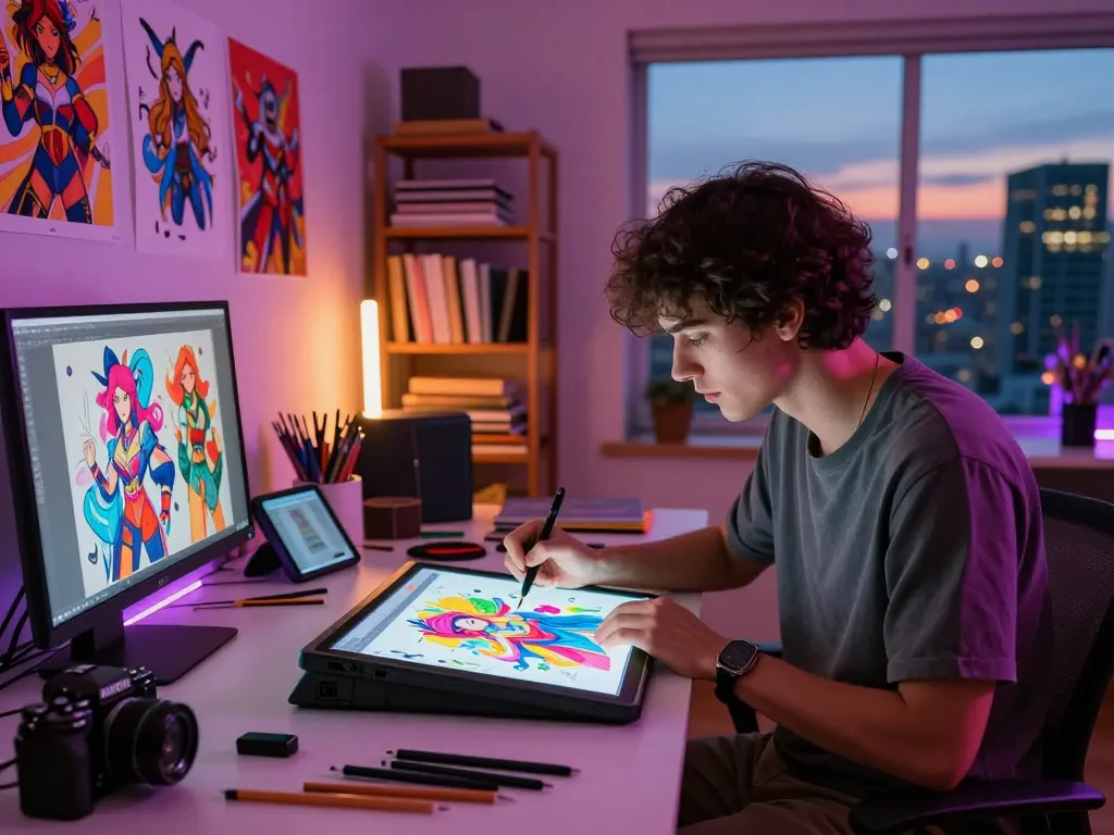 Creating NSFW character designs with 18+ ai in a vibrant art studio.