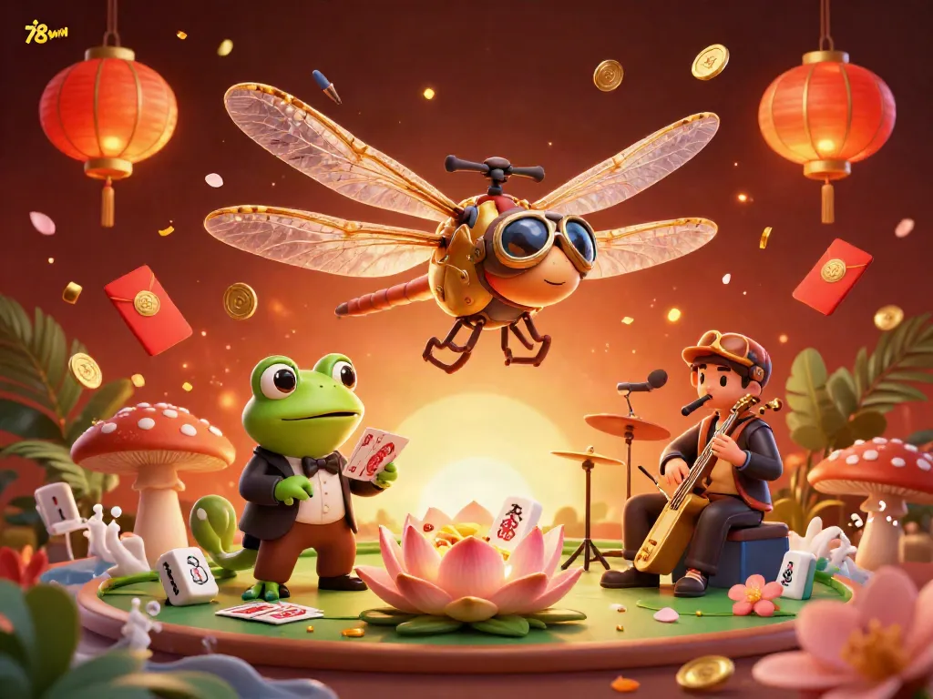 Engaging illustration of 78win featuring a dragonfly pilot and frog croupier in vibrant casino scene.