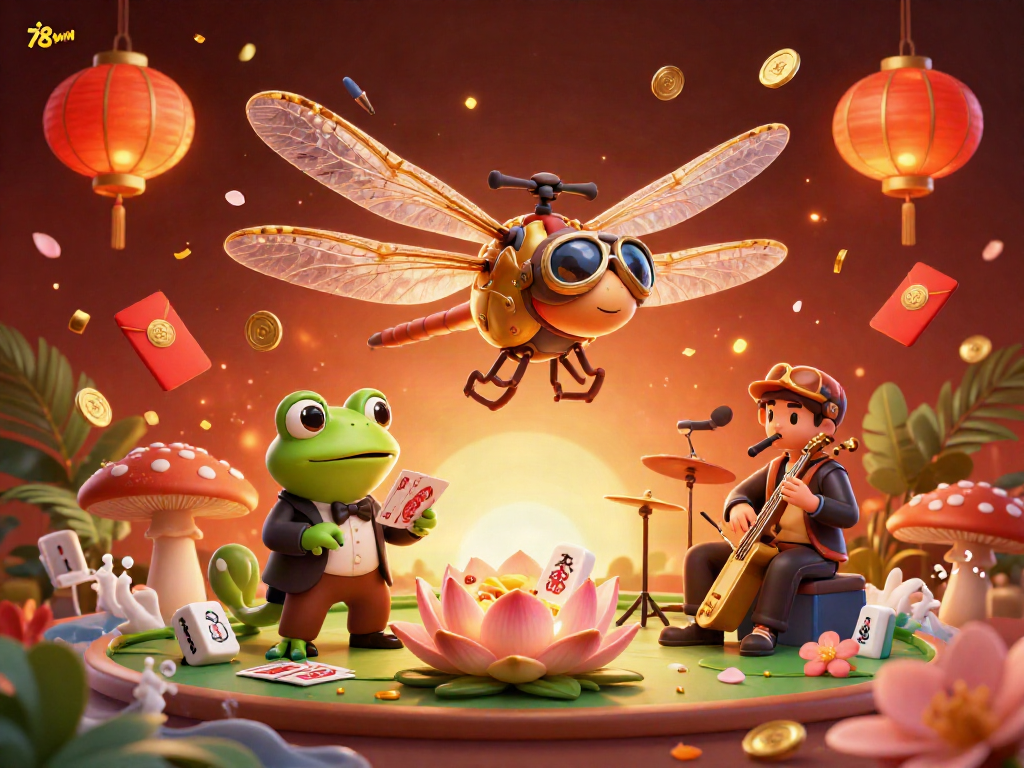 Engaging illustration of 78win featuring a dragonfly pilot and frog croupier in vibrant casino scene.