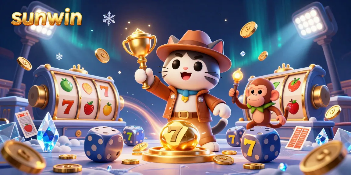 Experience thrilling gameplay at sunwin with a cartoon adventurer uncovering a golden casino artifact amid vibrant gaming elements.