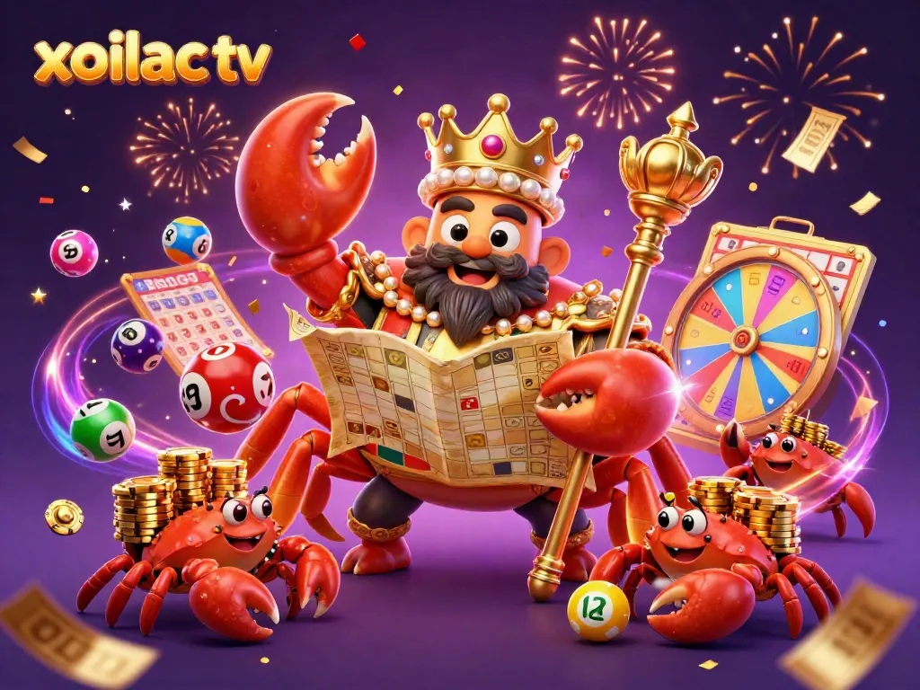 Xoilac TV showcases a golden crab emperor with a treasure map amidst vibrant lottery elements.