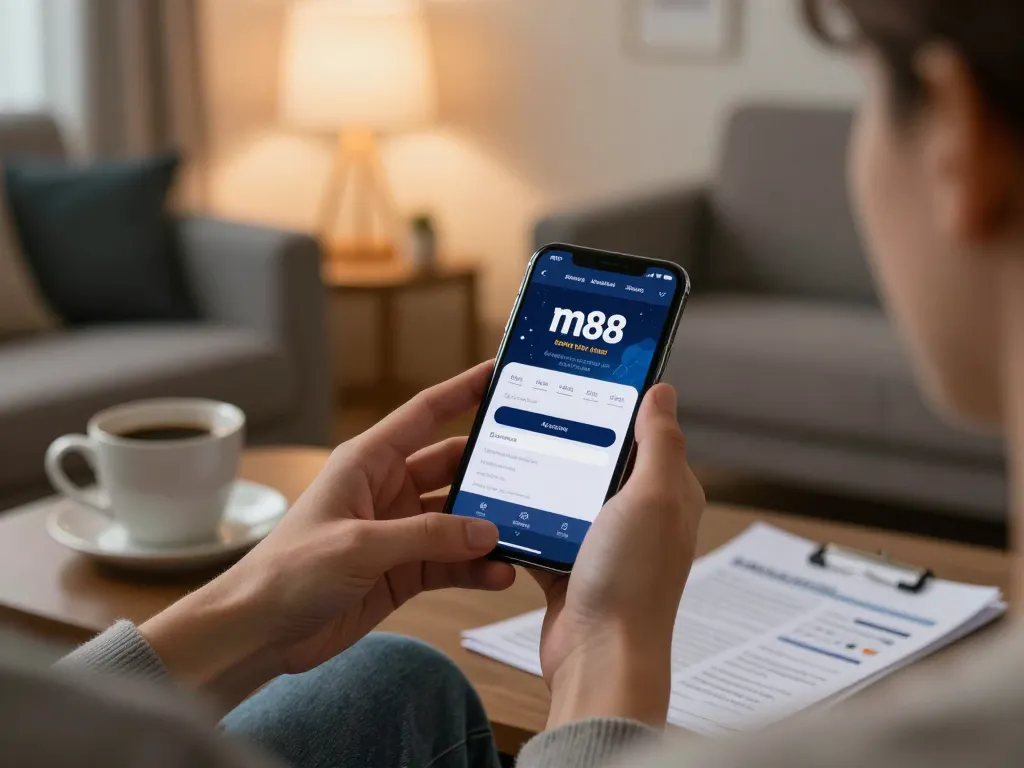 M88 login mobile interface displayed on a smartphone in a cozy home gaming setup.