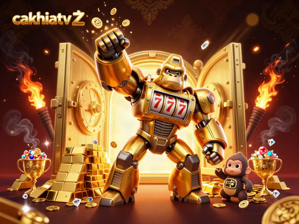 Cakhiatv z showcases a golden gorilla mech and treasures in a vibrant 3D illustration.