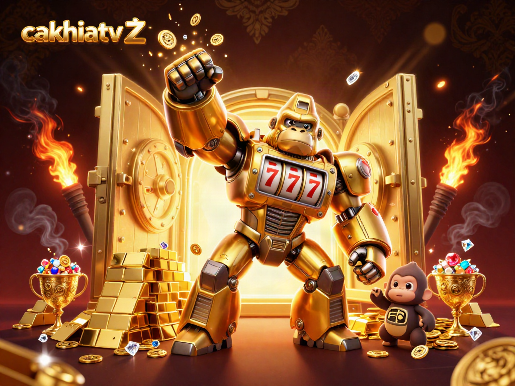 Cakhiatv z showcases a golden gorilla mech and treasures in a vibrant 3D illustration.