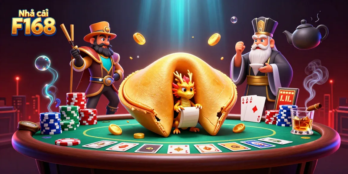 Engage with Nhà cái F168 through an exciting 3D illustration featuring a golden fortune cookie and poker elements.