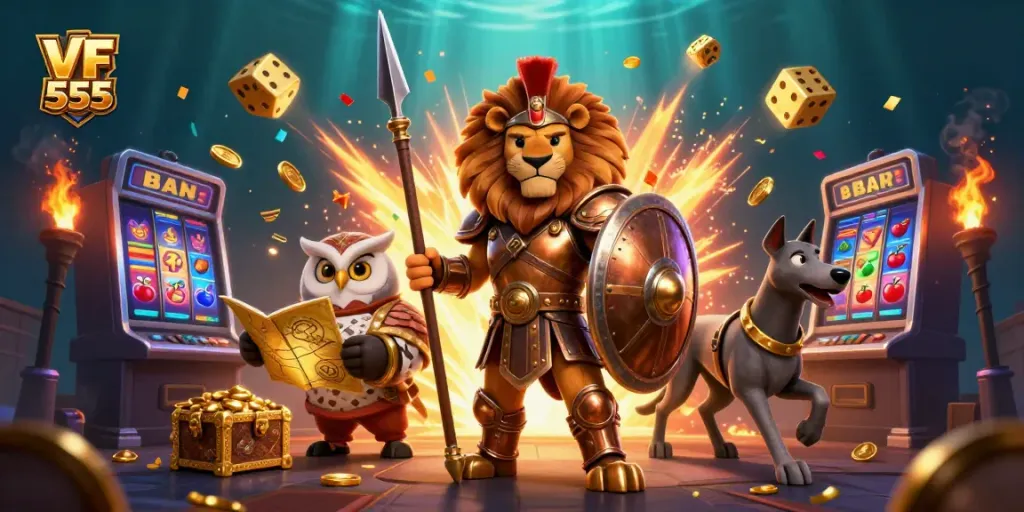 Experience the thrill of winning at VF 555 with dynamic casino elements and exciting characters.