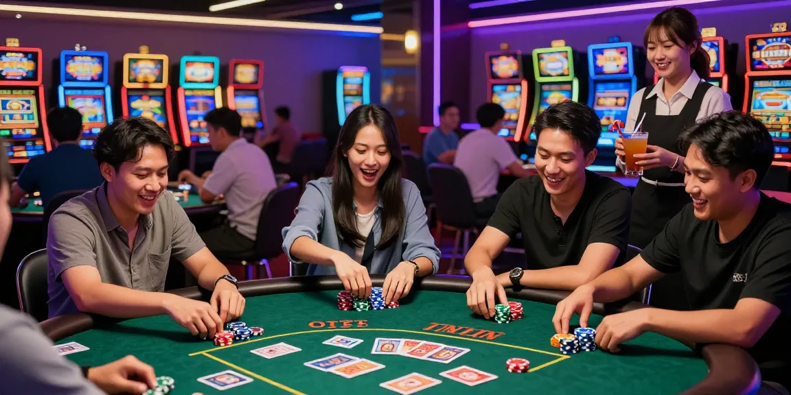 Exciting moment of friends enjoying slot gacor malam ini at a vibrant casino table with colorful chips and cards.