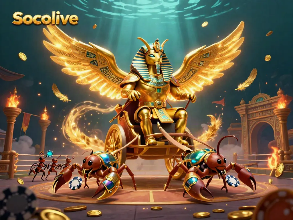 Engage with Socolive's thrilling sports betting arena featuring a golden scarab chariot amidst dramatic visuals.