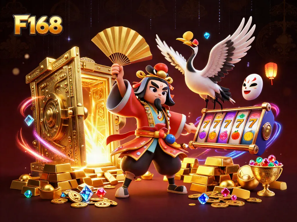 Engage in thrilling slots action with the vibrant F168 gaming scene featuring elaborate characters.
