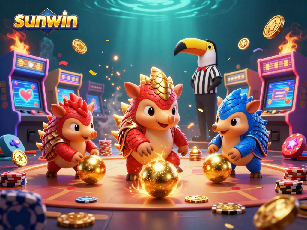 Engage with the vibrant sunwin scene of cartoon pangolins in a lively casino atmosphere.