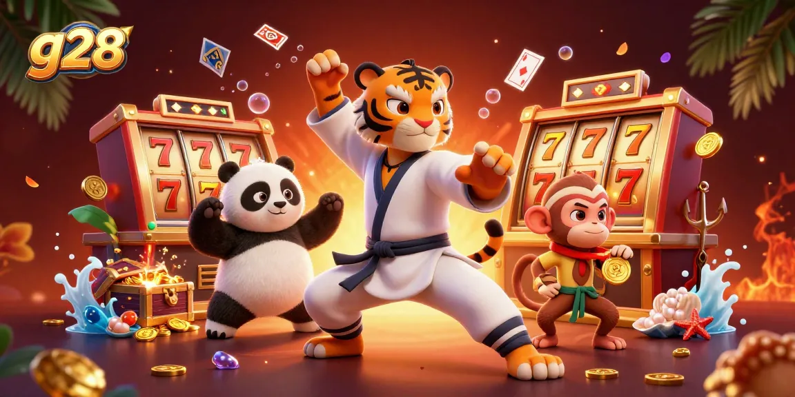 Experience thrilling slots at g28 with kung fu tiger and panda in a dynamic casino scene.