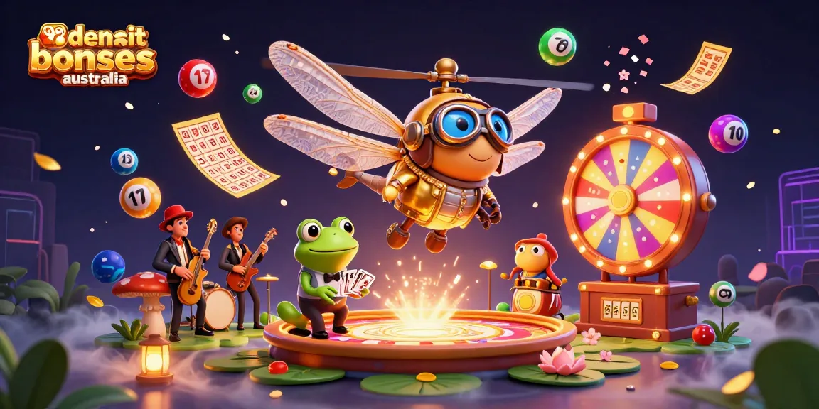 No deposit casino bonuses Australia depicted through a vivid 3D scene of a dragonfly pilot and frog dealer at a lily pad casino.