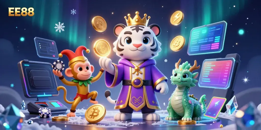 Experience the engaging world of EE88 with a lively scene of a royal tiger, monkey juggling chips, and a jade dragon amidst vibrant casino elements.