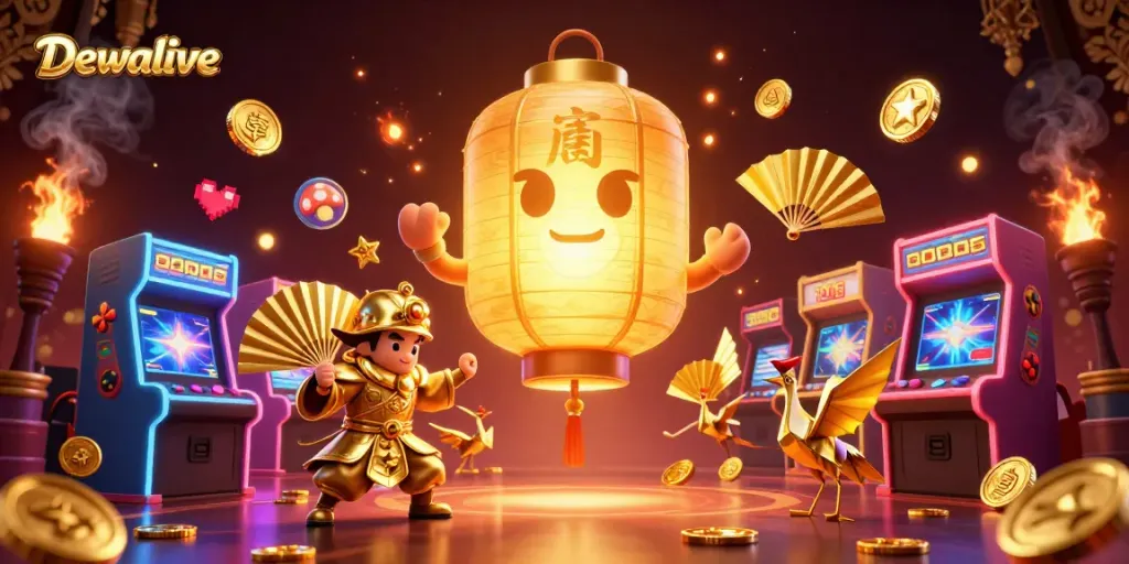 Dewalive captures thrilling casino action with golden lantern spirit and game elements in vibrant detail.