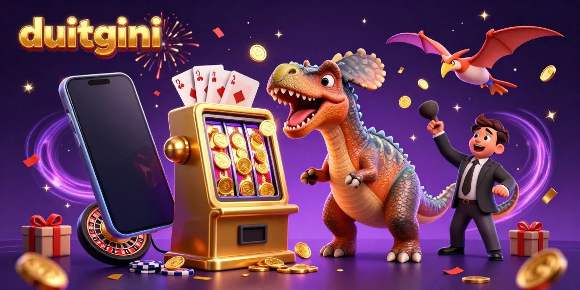 Duitgini rewards excitement as cartoon dinosaurs celebrate jackpot wins in a vibrant casino scene.