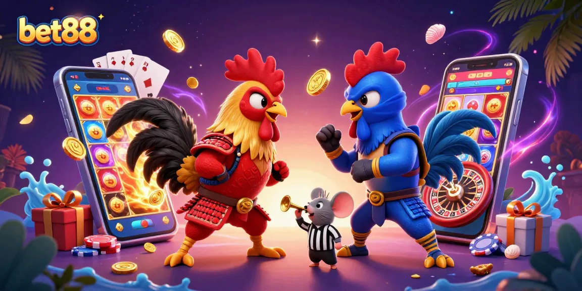 Experience thrilling action at bet88 with a dramatic rooster showdown in a vibrant casino scene.