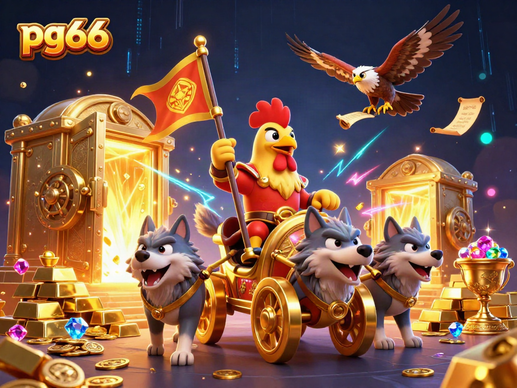 Engage with pg66's dynamic gaming realm, featuring a rooster warlord chariot and golden treasures.