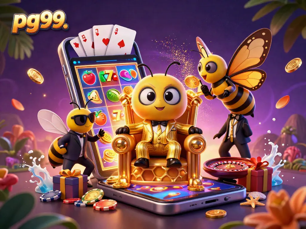 Engage with pg99 through a vibrant 3D casino scene showcasing slot games and animated characters.