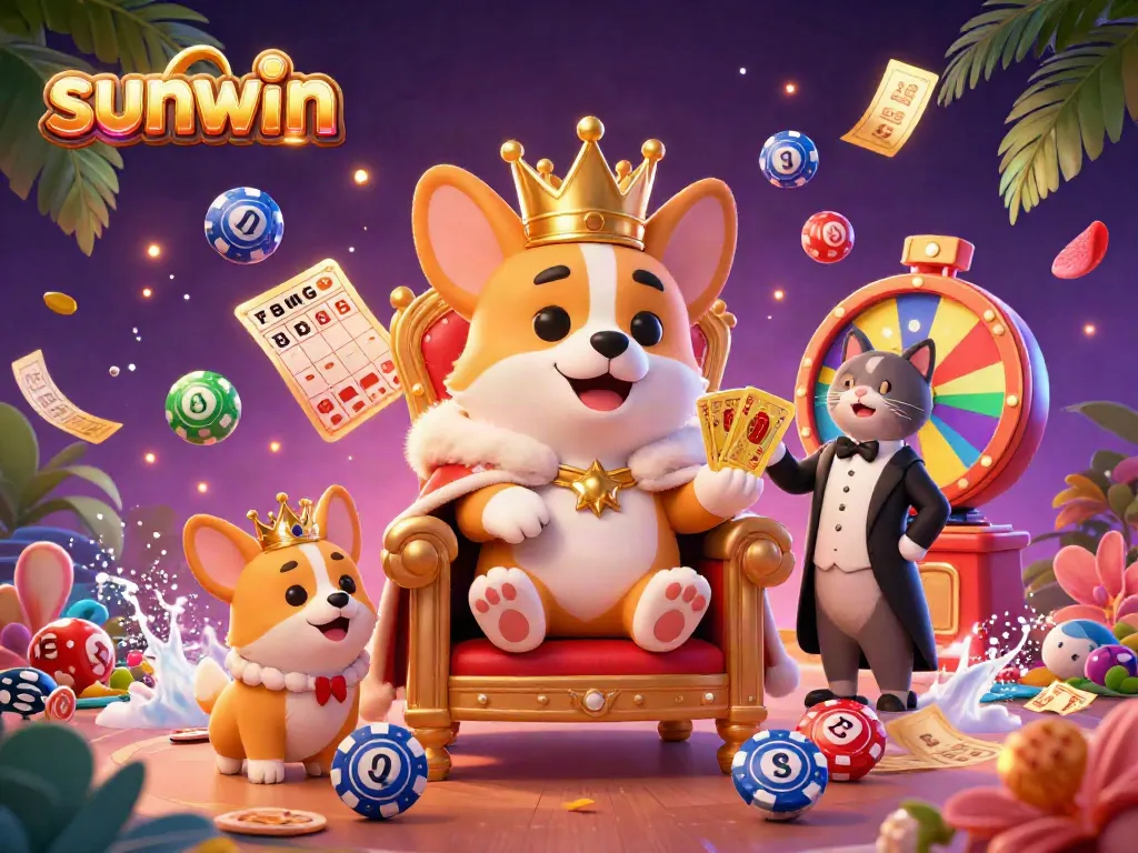 Experience sunwin with vibrant lottery balls and a corgi seated on poker chips in this dynamic casino scene.