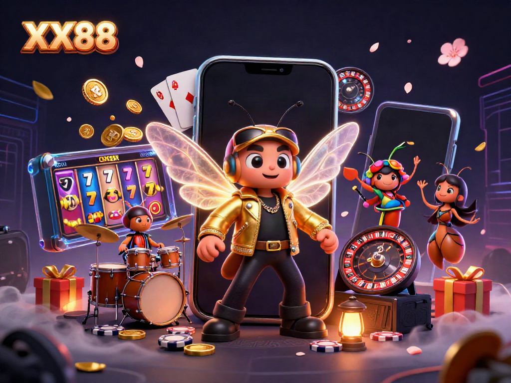 Engage in thrilling gaming action with XX88, featuring a rock star cicada, animated games, and dynamic casino elements.