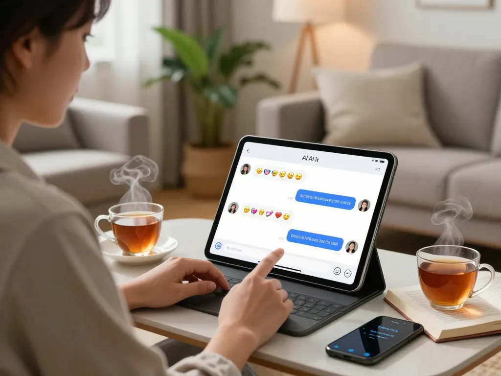 Engaging home scene of a person enjoying ai sex chat on a tablet in a cozy living room.