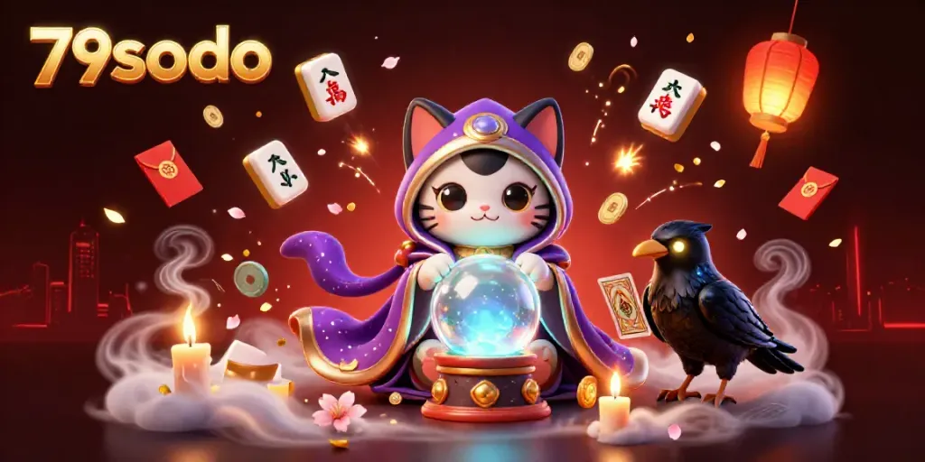 Bet on exciting moments at 79sodo casino with fortune teller cat and glowing raven.
