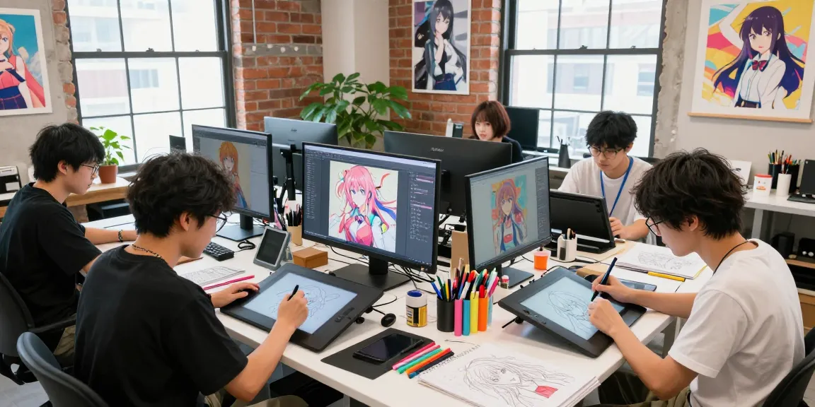 Creative team designing ai ecchi characters in an art studio.