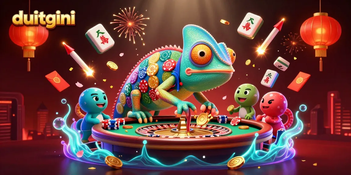 Engage with DuitGini's vibrant casino world featuring a unique chameleon character and festive elements.