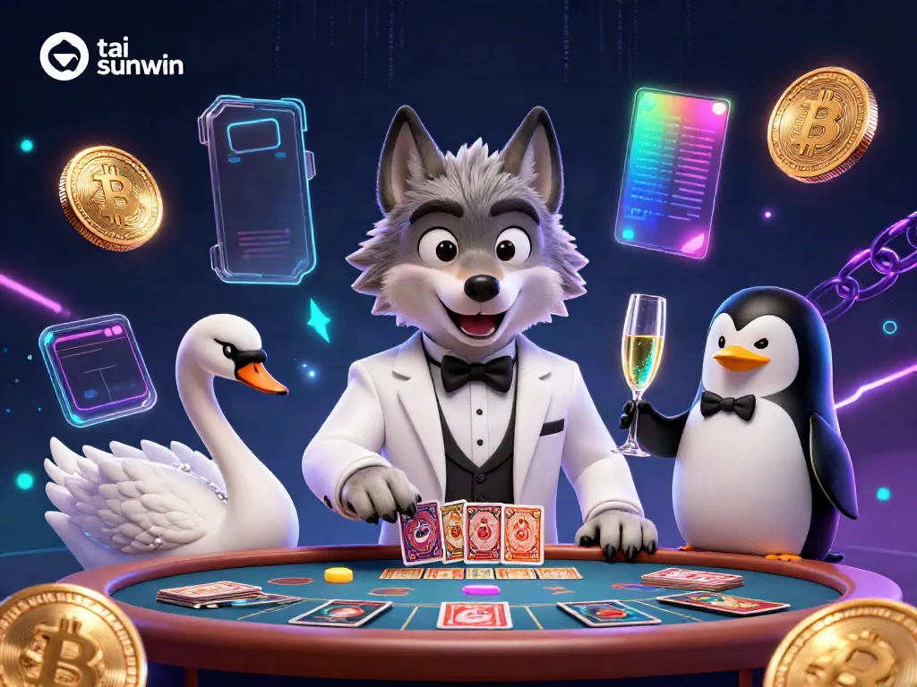 Experience the excitement of tai sunwin with a vibrant 3D illustration showcasing a debonair wolf, elegant swan, and sophisticated penguin at a baccarat table.